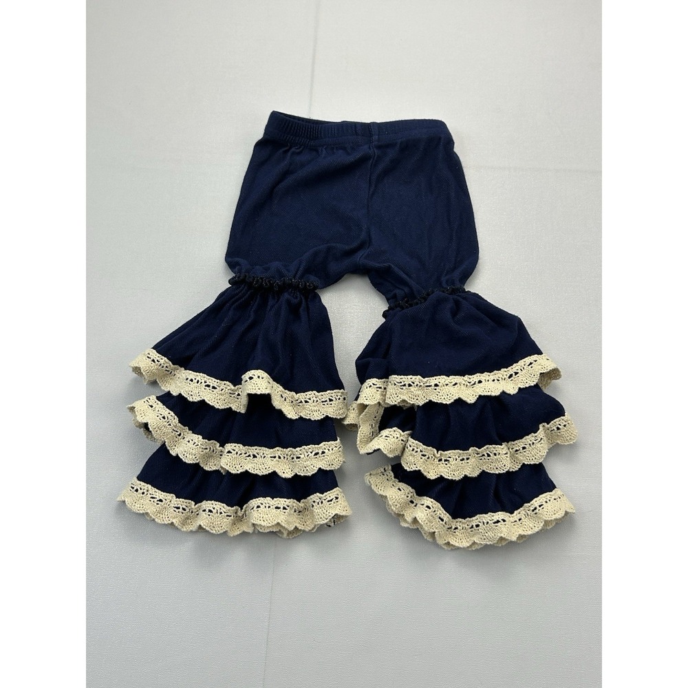 Girls 0-3M Navy Ruffle Bell Bottom Pants Lace Trim Boutique Boho Western Flare